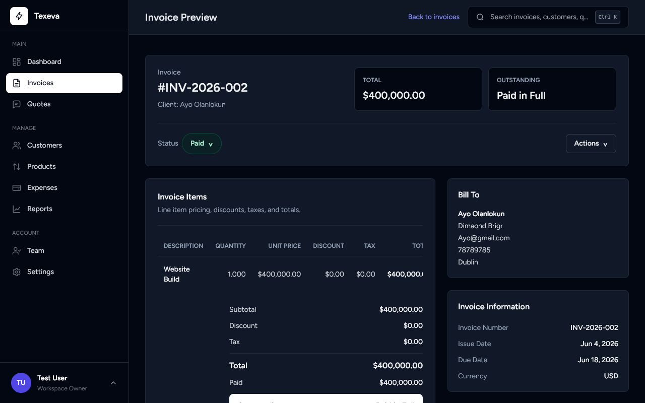 Invoices in Texeva